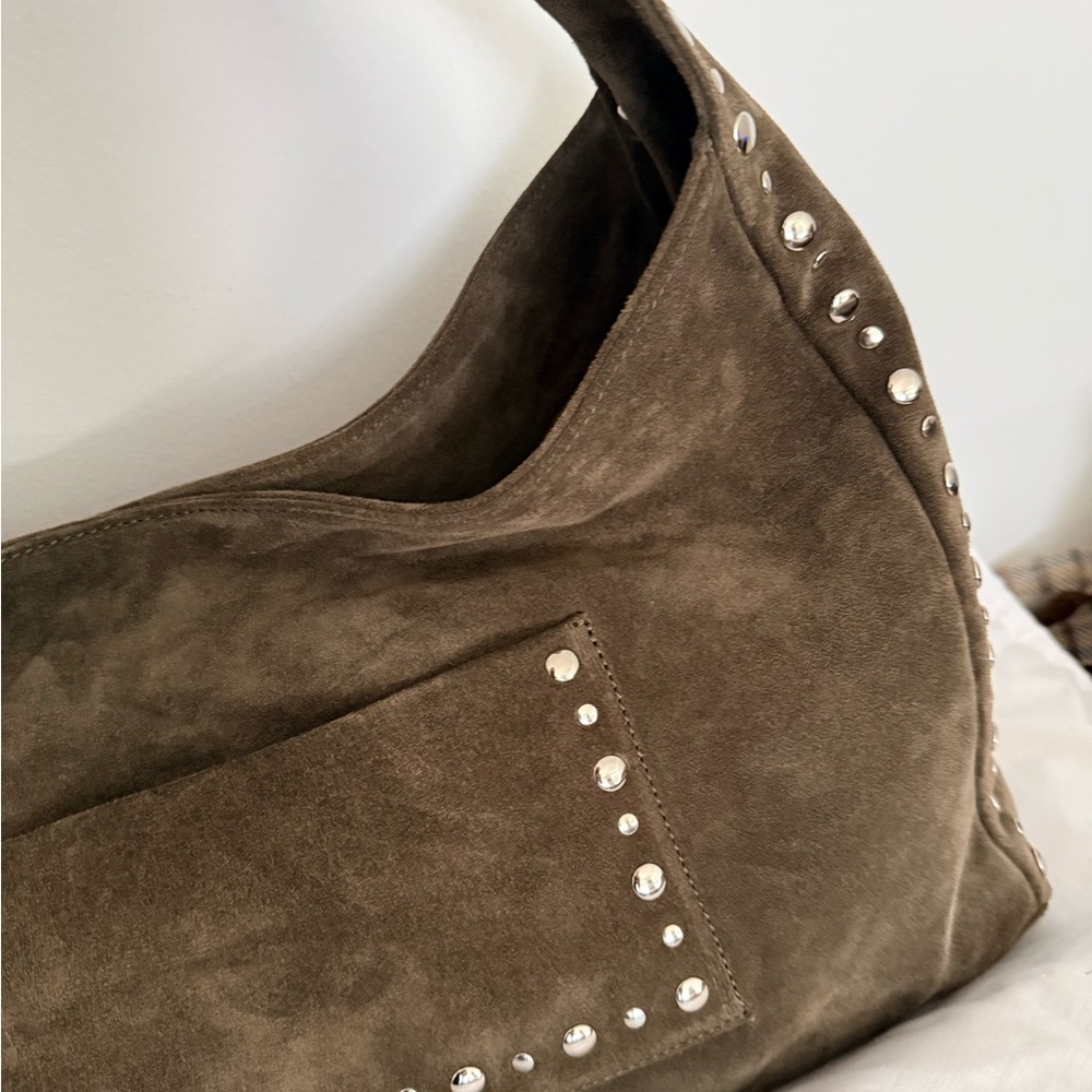 Gimaguas Silver Studded Suede Maxi Franca Shoulder Bag in green khaki NEW UNUSED - Picture 4 of 11